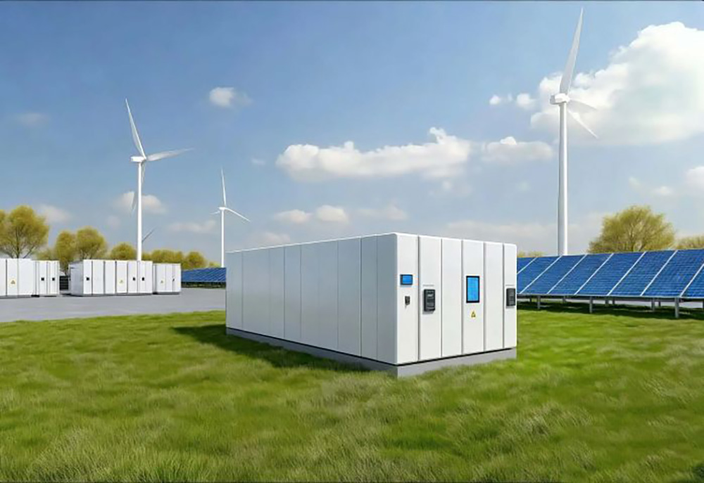 Batteriespeicher und Windräder in Landschaft